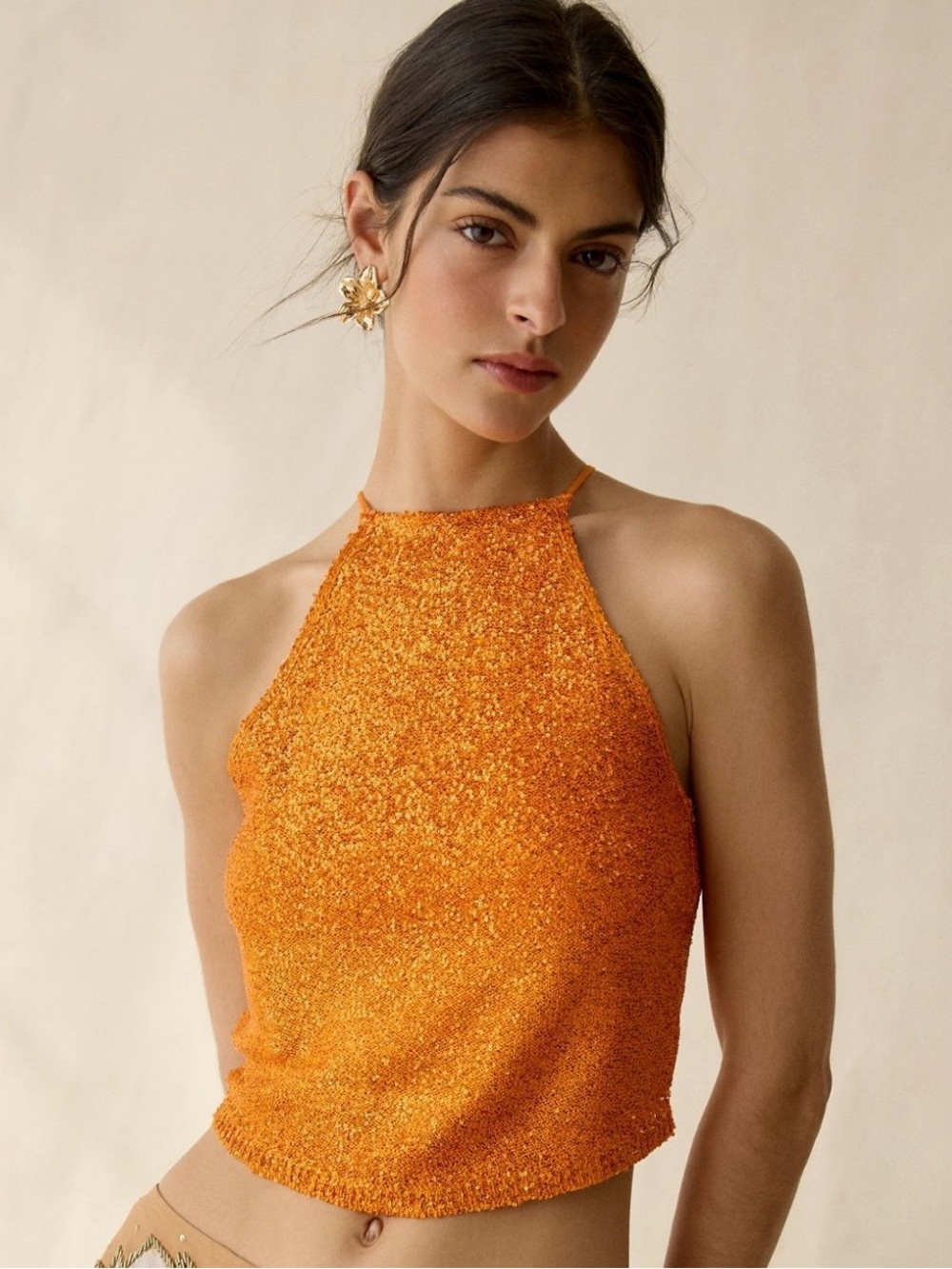 NWT Kimchi Blue Seashore Shimmer Knit Halter Neck Top Style 108534918 Orange S M